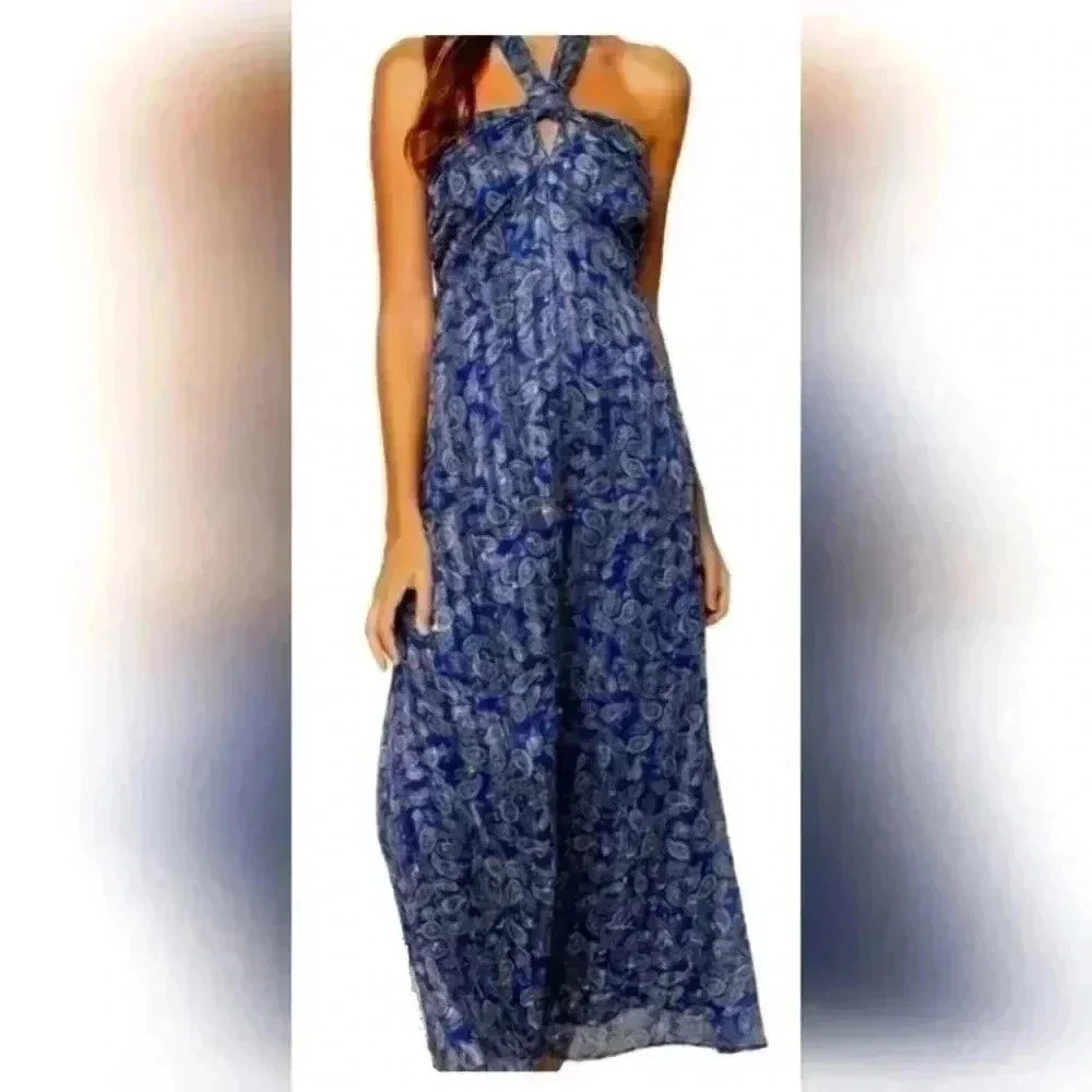 LOST + WANDER wish upon halter in Navy Blue & Gold paisley XS NWT